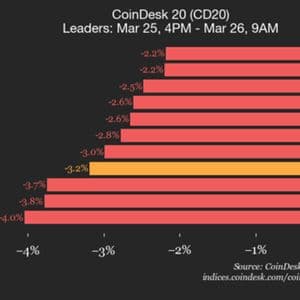 CoinDesk 20 performance update: index falls 3.2% as all constituents trade lower